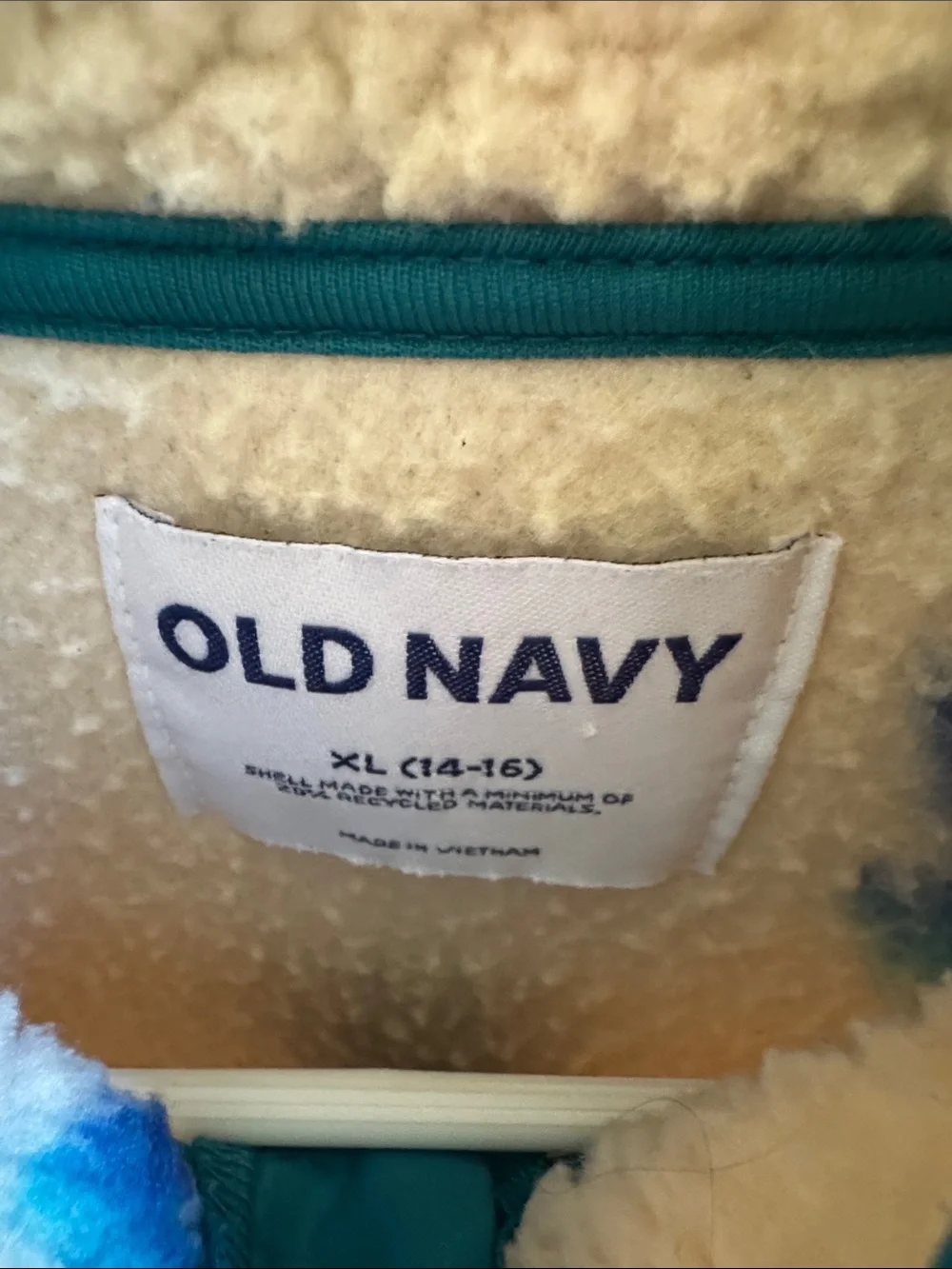 Old Navy Cream Sherpa Jacket with Teal & Blue Lightning